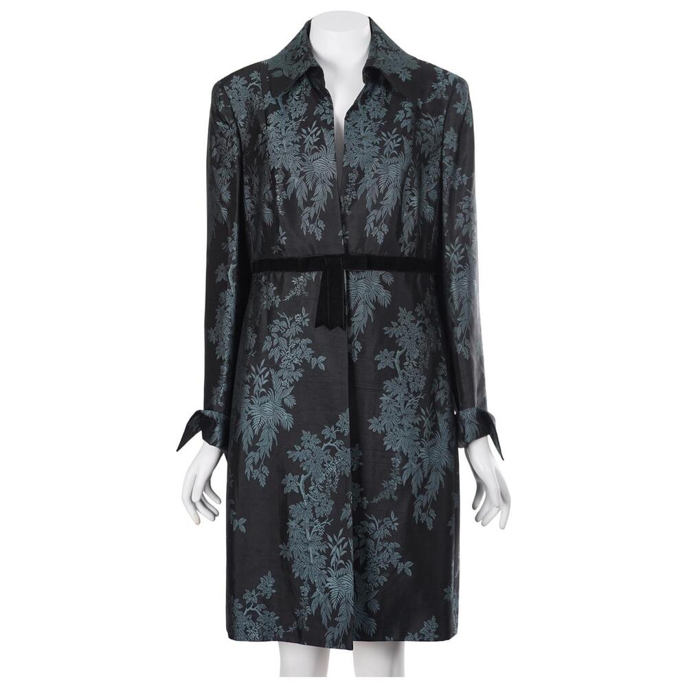 Etcetera Topper Jacket 12 Black Blue Jacquard Silk Blend Velvet Trim Bow Pockets